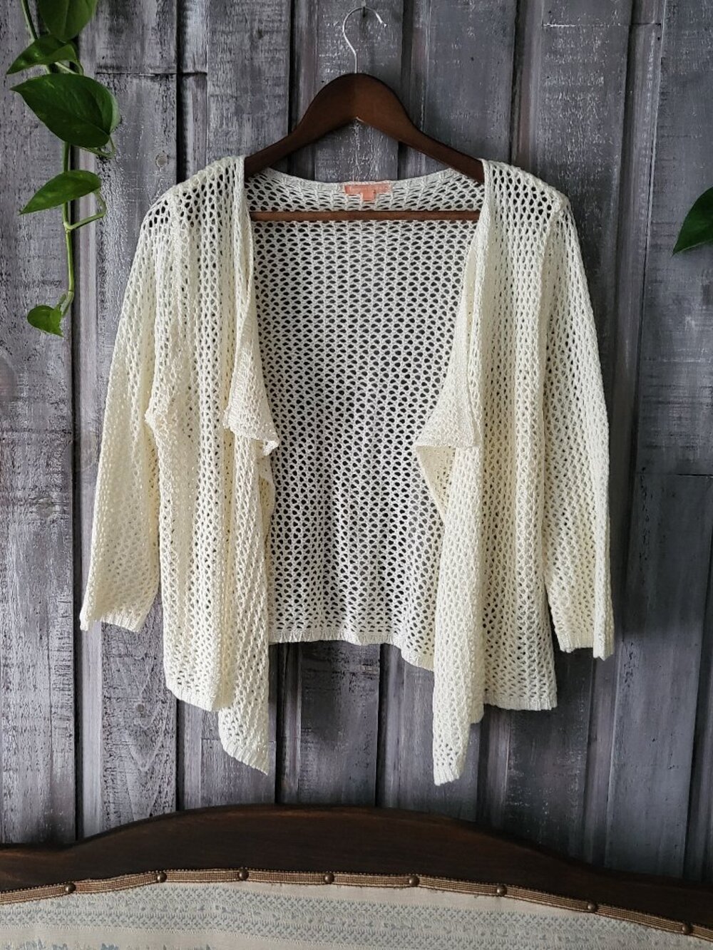 Cream Mesh Knit Waterfall Cardigan Open Front Sweater XL